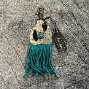 New! Myra Bag Cowhide Leather Hair On Turquoise Fringe Key Chain Fob Bag Charm
